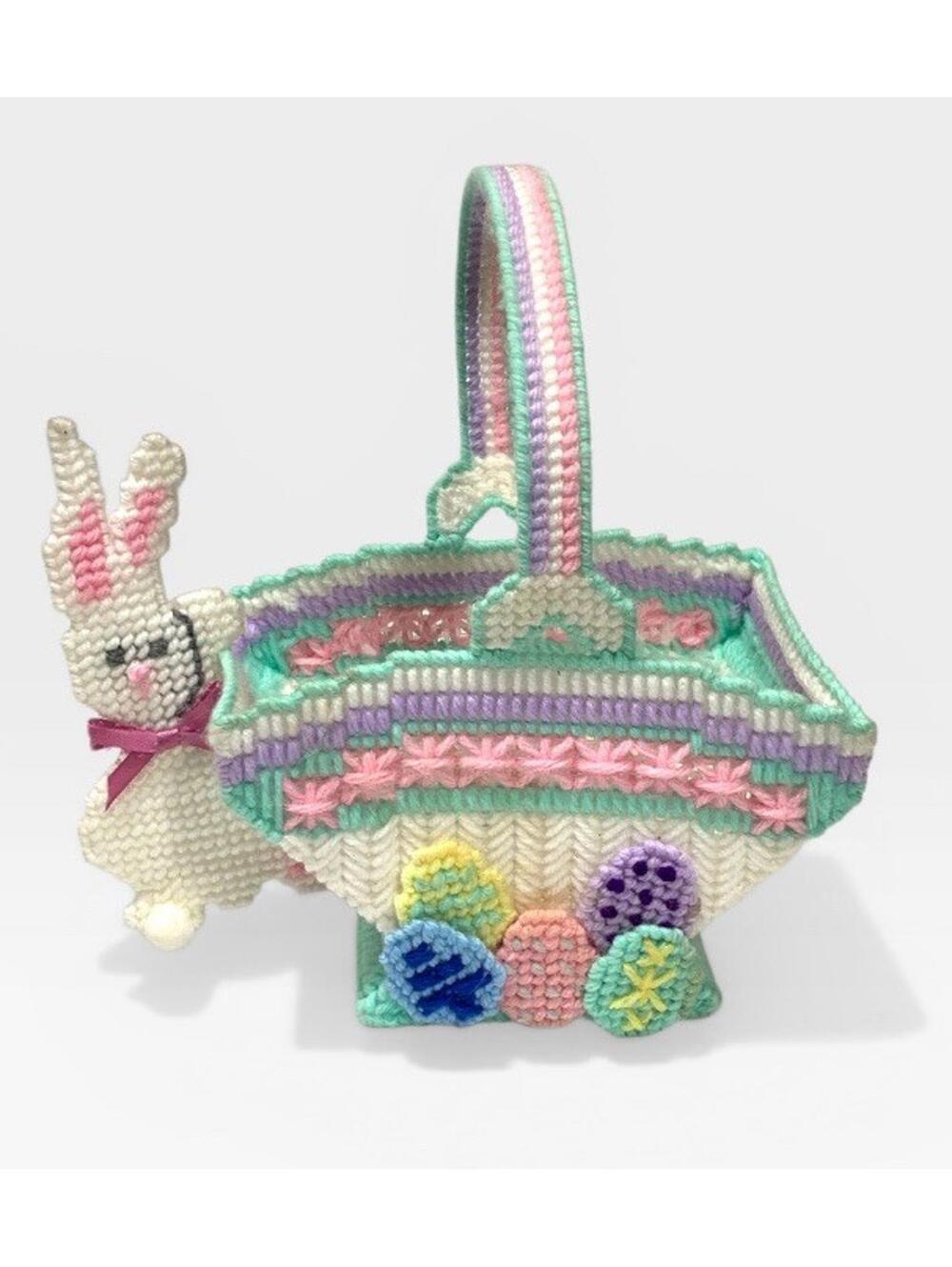 Vintage Handmade Plastic Canvas Cross Stitch Easter Basket Floral 7”x4” 90s Yarn